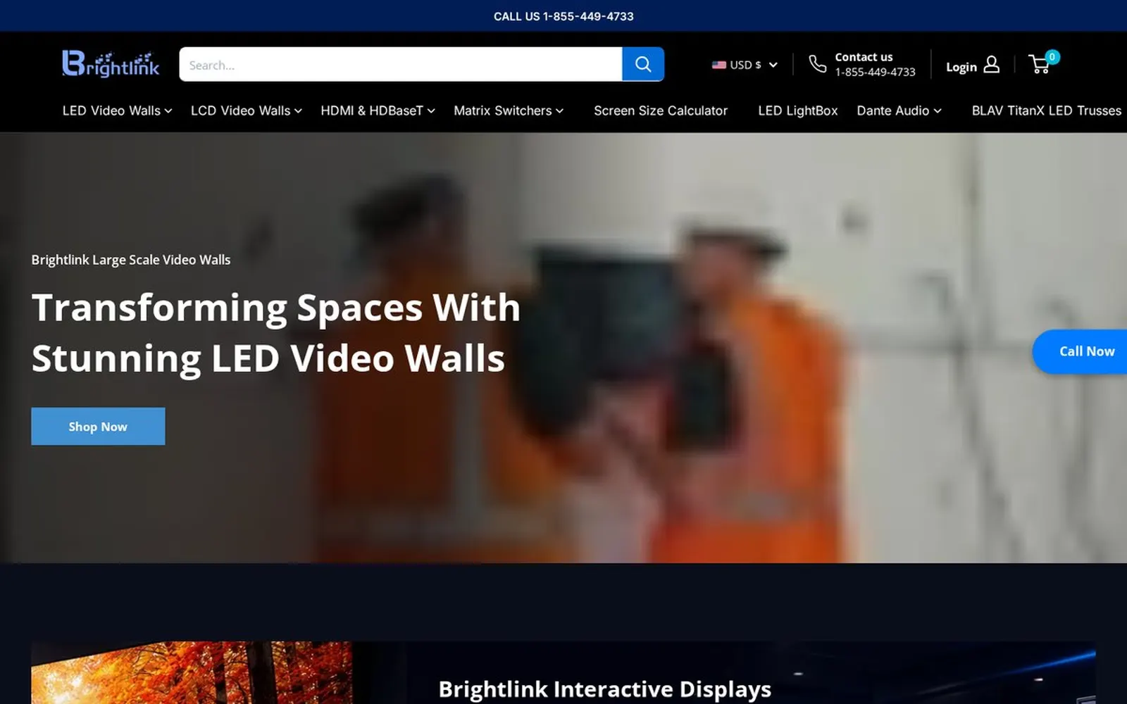 Brightlink AV Shopify store homepage featuring LED video walls